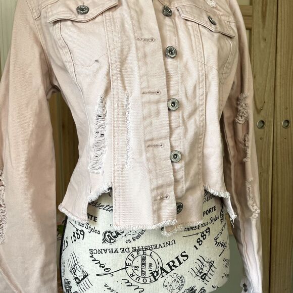 Cropped Denim Jacket Womens M Jessica Simpson Fitted Button Down Distressed - Picture 6 of 14